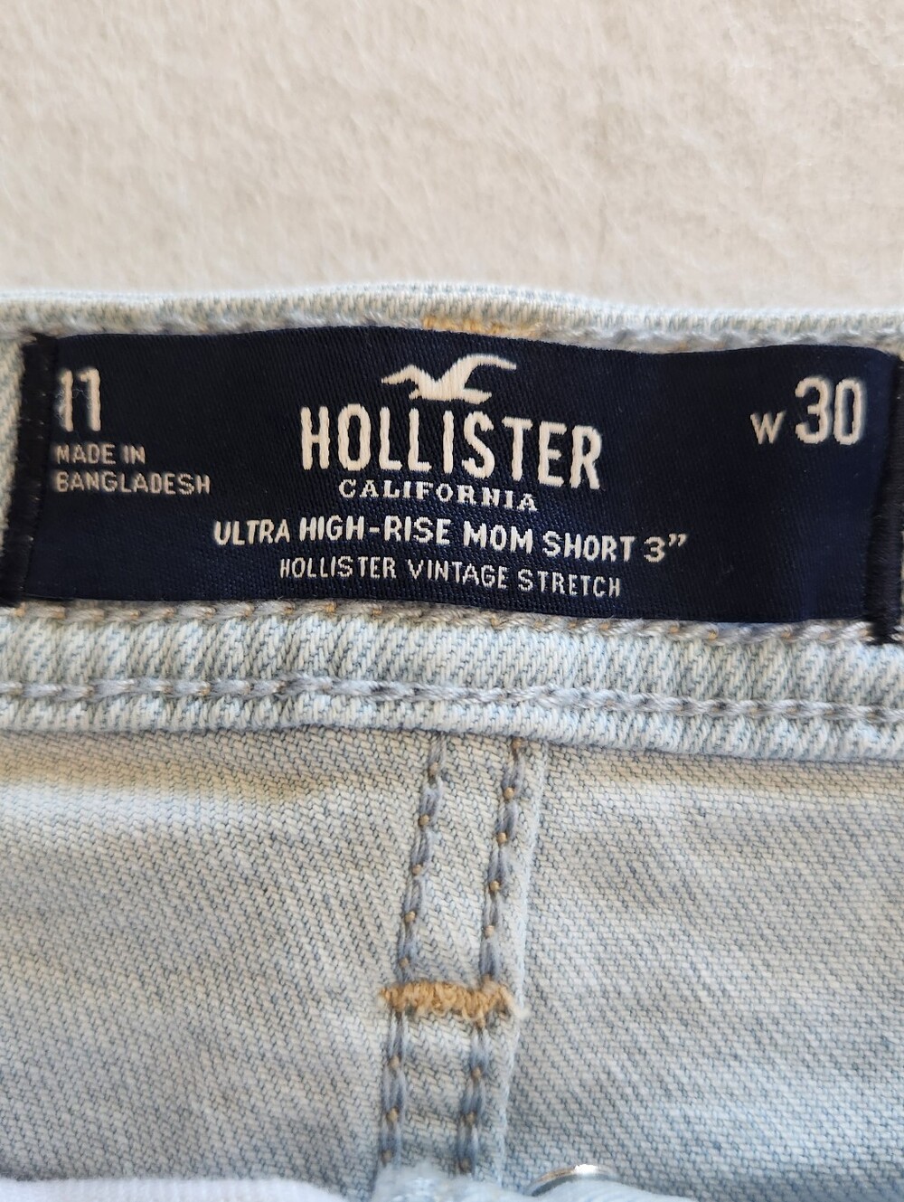 Hollister Ultra High Rise Patchwork Blue & White Jean Shorts Button Fly Size 11 - Picture 2 of 9